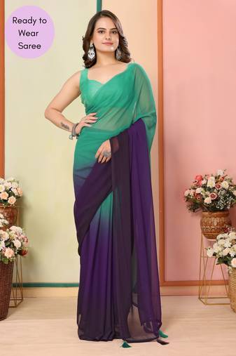 Green Printed Georgette Ready To Wear Saree With Blouse