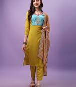 Lemon Viscose Straight Kurta, Pant and Dupatta Set