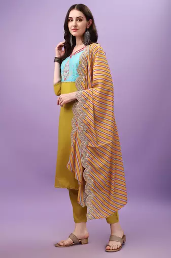 Lemon Viscose Straight Kurta Pant and Dupatta Set