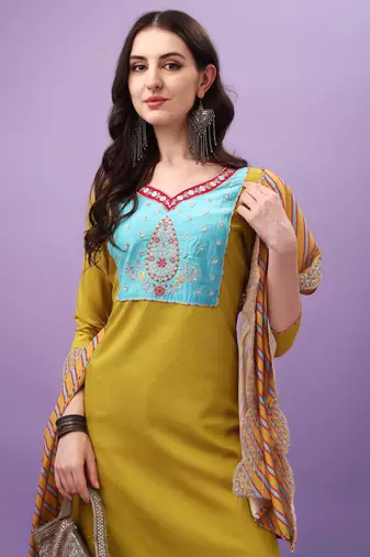 Lemon Viscose Straight Kurta Pant and Dupatta Set