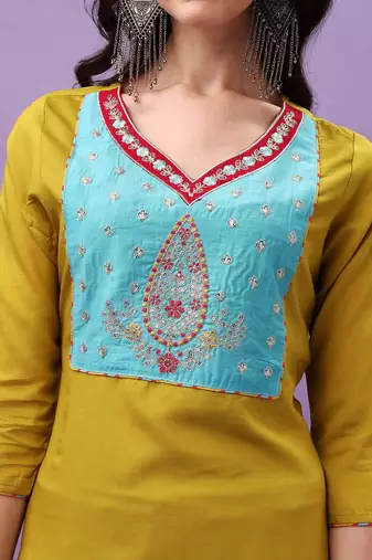 Lemon Viscose Straight Kurta Pant and Dupatta Set