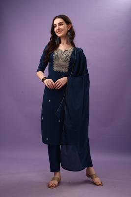 Women Embroidered Rayon Slub Straight Kurta Pant Dupatta Set 1