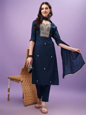 Women Embroidered Rayon Slub Straight Kurta Pant Dupatta Set 3