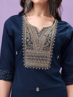 Women Embroidered Rayon Slub Straight Kurta Pant Dupatta Set 4