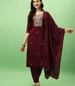 Women Embroidered Rayon Slub Straight Kurta Pant Dupatta Set