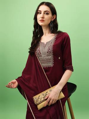 Women Embroidered Rayon Slub Straight Kurta Pant Dupatta Set 4
