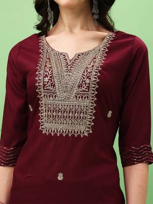 Women Embroidered Rayon Slub Straight Kurta Pant Dupatta Set 5
