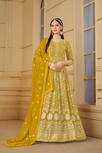Yellow color faux georgette salwar suits with faux georgette dupatta