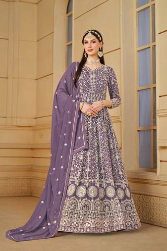 Purple embroidered faux georgette salwar suit with Dupatta