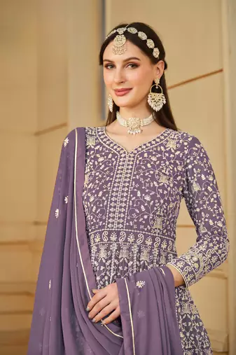 Purple embroidered faux georgette salwar suit with Dupatta