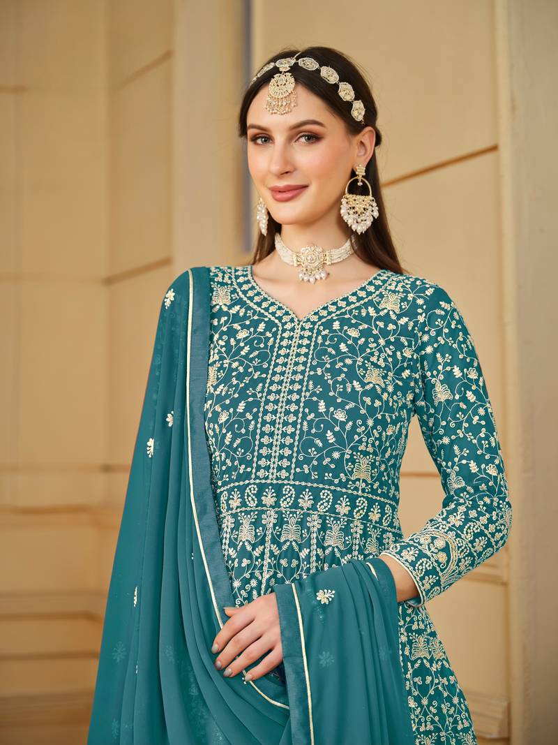Blue color faux georgette salwar suits with faux georgette dupatta