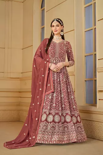 Rust color faux georgette salwar suits with faux georgette dupatta