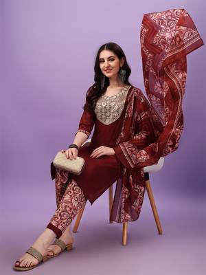 Cotton Fabric Printed work Straight cut Kurta, Pant and Dupatta Set 1