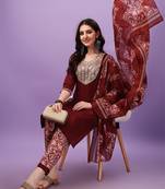 Cotton Fabric Printed work Straight cut Kurta, Pant and Dupatta Set