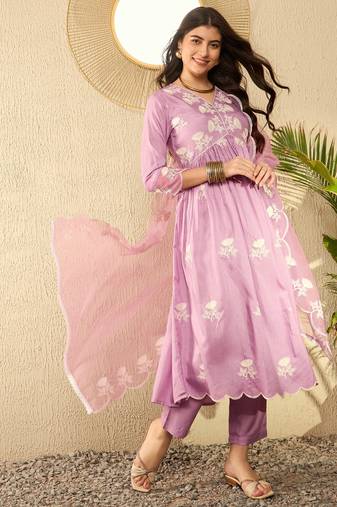 women lavender silk blend solid embroidered a-line kurta trouser with dupatta