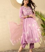 women lavender silk blend solid embroidered a-line kurta trouser with dupatta