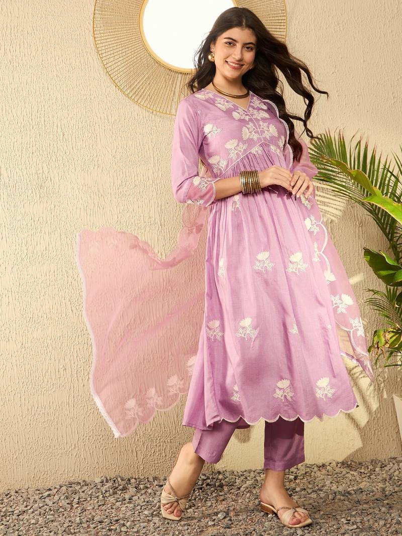 women lavender silk blend solid embroidered a-line kurta trouser with dupatta