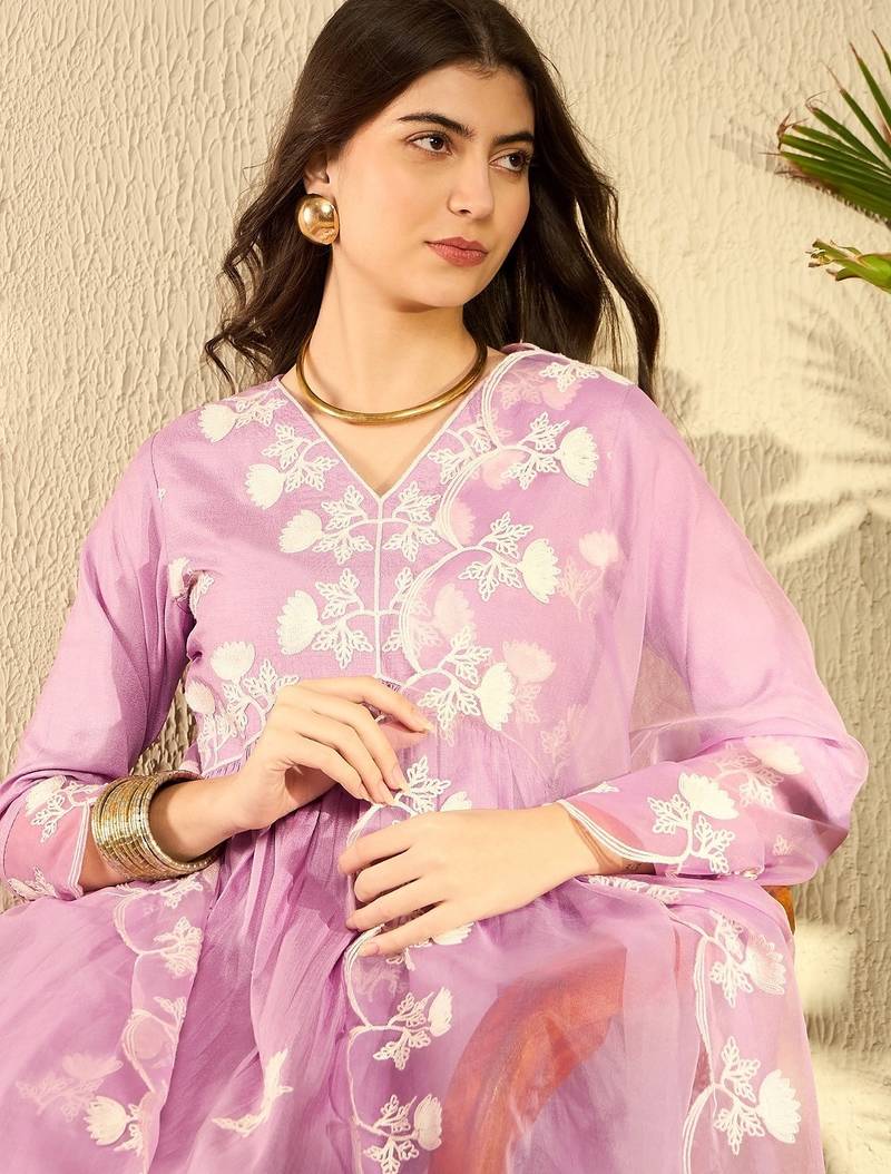 women lavender silk blend solid embroidered a-line kurta trouser with dupatta