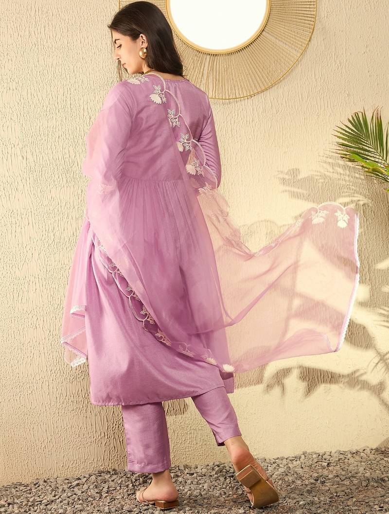 women lavender silk blend solid embroidered a-line kurta trouser with dupatta