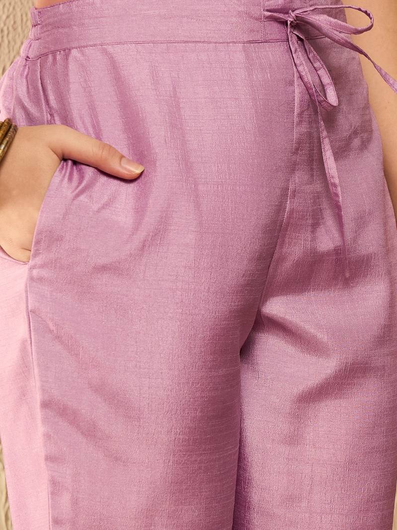 women lavender silk blend solid embroidered a-line kurta trouser with dupatta