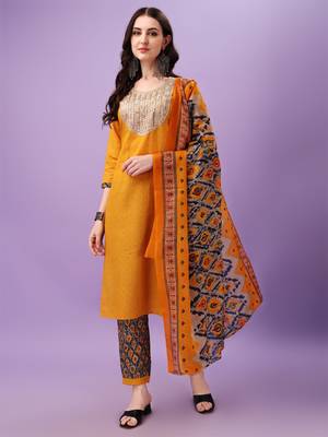 Cotton Fabric Printed work Straight cut Kurta, Pant and Dupatta Set 1