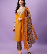 Cotton Fabric Printed work Straight cut Kurta, Pant and Dupatta Set