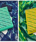 Women's awsome sea green and yellow color unstitched embroidery and sequence work combo dress material