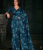 Designer Teal Blue Digital Print Zarkan Cutwork Border Satin Saree
