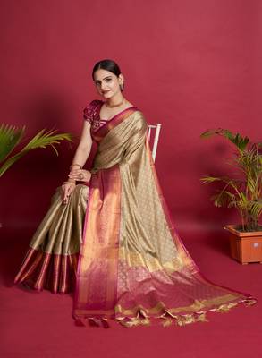 Dwini Banarasi silk blend Zari Woven Beige and Pink Saree 1