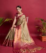 Dwini Banarasi silk blend Zari Woven Beige and Pink Saree