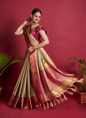 Dwini Banarasi silk blend Zari Woven Beige and Pink Saree 2