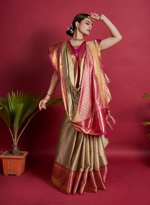 Dwini Banarasi silk blend Zari Woven Beige and Pink Saree 3