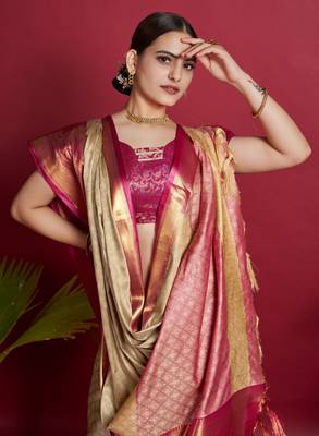 Dwini Banarasi silk blend Zari Woven Beige and Pink Saree 4
