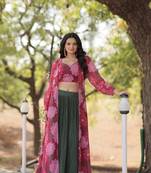 Absolutely Green Faux Georgeete With Crush Pleating And Digital Flower Print Lehenga Choli For Festival