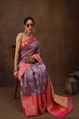 Lavendor Floral Digital Printed Chanderi Art Silk Saree