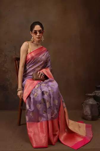 Lavendor Floral Digital Printed Chanderi Art Silk Saree