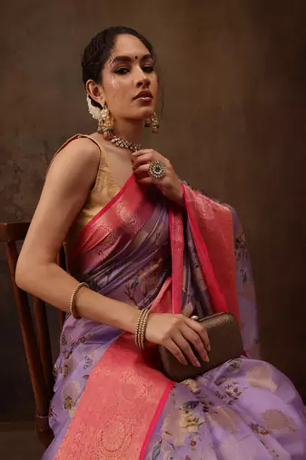 Lavendor Floral Digital Printed Chanderi Art Silk Saree
