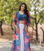 Absolutely White Faux Georgeete With Crush Pleating And Digital Flower Print Lehenga Choli For Festival