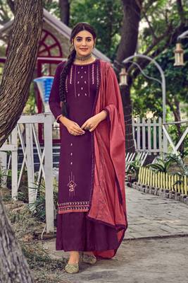 Purple Embroidered Cotton  Straight Palazzo Suit. Free size full stitched Up To 42" Size 1