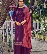 Purple Embroidered Cotton  Straight Palazzo Suit. Free size full stitched Up To 42" Size