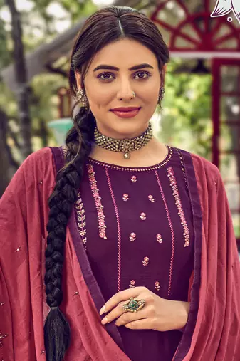 Purple Embroidered Cotton  Straight Palazzo Suit. Free size full stitched Up To 42" Size