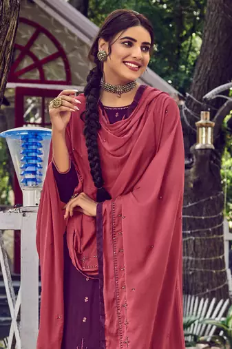 Purple Embroidered Cotton  Straight Palazzo Suit. Free size full stitched Up To 42" Size