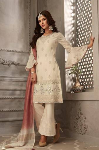 Off White Embroidered Georgette  Straight Palazzo Suit. Free size full stitched Up To 42" Size