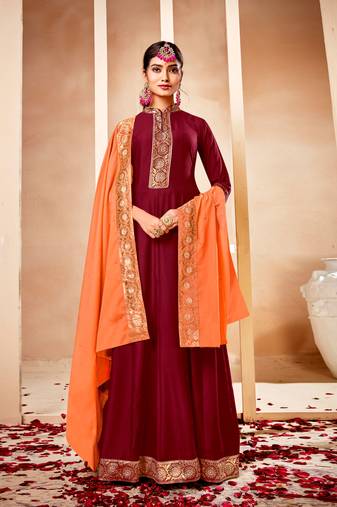Maroon Embroidered Georgette  Straight Sharara Suit. Free size full stitched Up To 42" Size