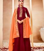 Maroon Embroidered Georgette  Straight Sharara Suit. Free size full stitched Up To 42" Size