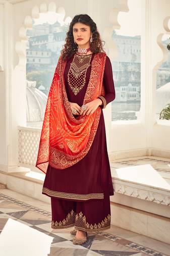 Maroon Embroidered Chinnon  Straight Palazzo Suit. Free size full stitched Up To 42" Size