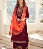 Maroon Embroidered Chinnon  Straight Palazzo Suit. Free size full stitched Up To 42" Size