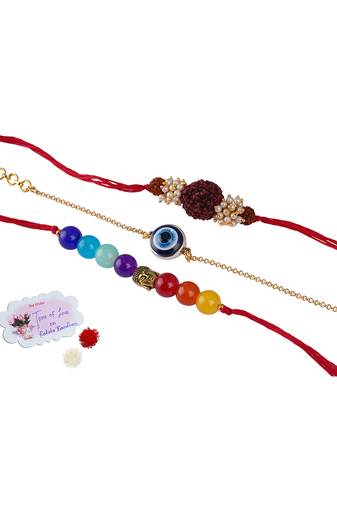 3 fashion 7 chakra, evil eye & rudraksha rakhi for rakshabandhan festival brother rakhi handcrafted