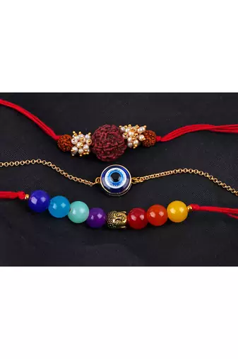 3 fashion 7 chakra, evil eye & rudraksha rakhi for rakshabandhan festival brother rakhi handcrafted