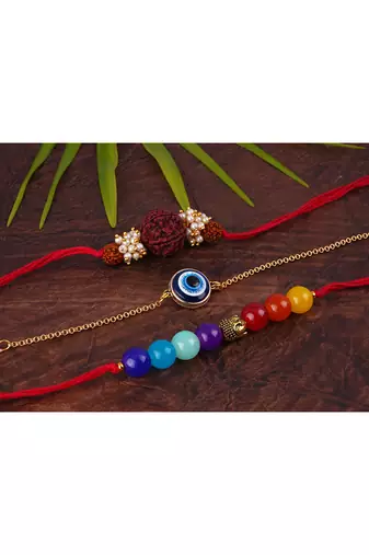 3 fashion 7 chakra, evil eye & rudraksha rakhi for rakshabandhan festival brother rakhi handcrafted